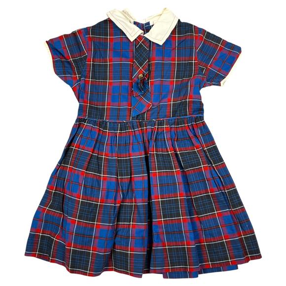 Vintage Girl's Dress Size 5 Red Blue Plaid Collared Preppy - Picture 1 of 9